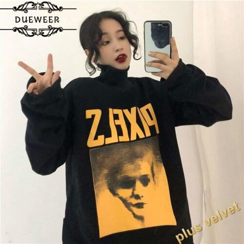 Womens Hoodies Turtleneck Retro Printed Loose BF Unisex Hip-hop Kpop Casual Harajuku Korean Style Plus Size 2XL