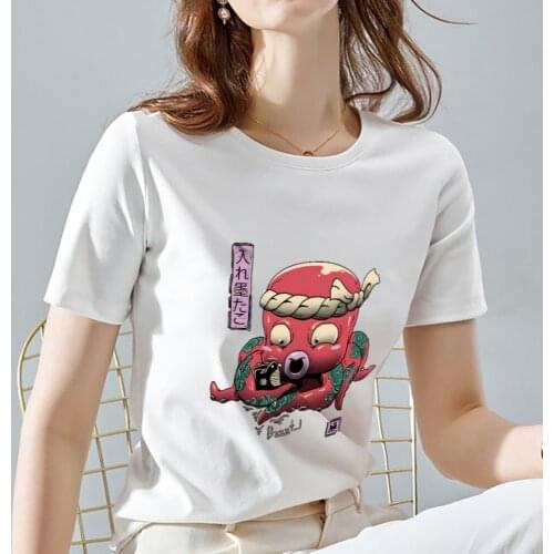 Summer Womens Commuter Fashion T-shirt Casual Cute Japanese Funny Octopus Print Pattern Round Neck Top Soft Ladies White Shirt