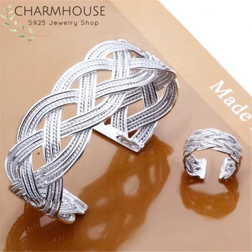 Charmhouse Silver 925 Jewelry Sets For Women Weaver Bangle Bracelet Ring 2pcs Set Wedding Bridal Jewelery Accessories Bijoux