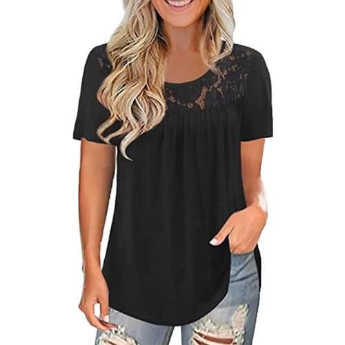 2021 Fashion Women T Shirt Lace Solid Splicing O-Neck Short Sleeve T-Shirt femme Summer Tops Women Clothing camisetas de mujer