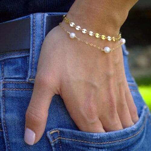 Set Of 2 Gold Filled Disk Bracelet Handmade Pearl Jewelry Natural Pearl Bracelets Boho Charms Vintage Bracelet For Women