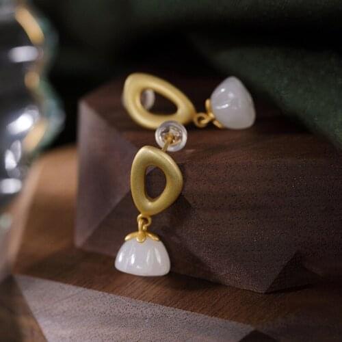Natural 925 sterling silver inlaid hetian jade retro earrings charm jewelry individuality fashion for women