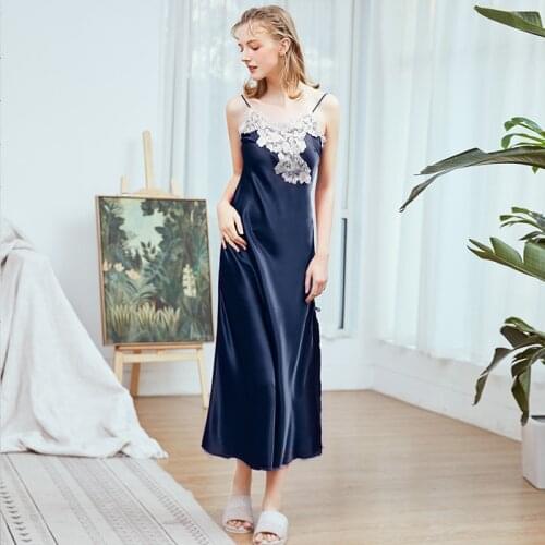 Daeyard Silk Long Nightgown Women Spaghetti Straps Nightdress Sexy Lace Side Slit Summer Dress Casual Sleepwear Home Clothes