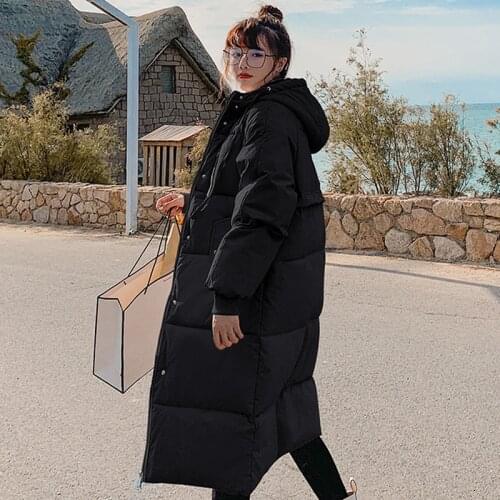 2021 New Fashion Winter Black Coat Women Long Parkas Solid Winter Jacket Women Cotton Padded Parka Hooded Loose Outwear