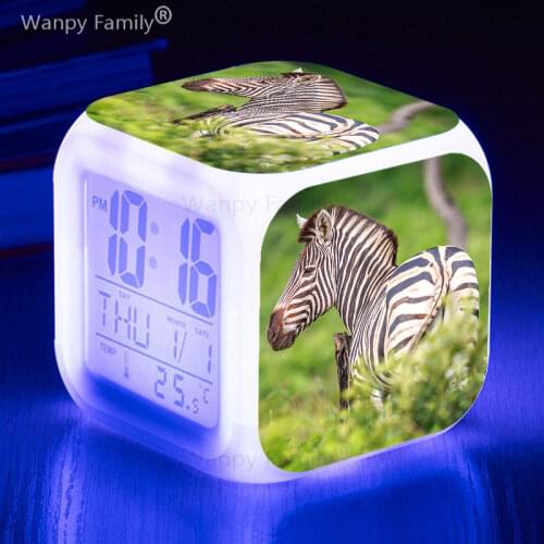 Very Cute Zebra Alarm Clocks 7 Color Glowing LED Electronic Watches Alarm For Kids Room Multifunction Digital alarm clocks
