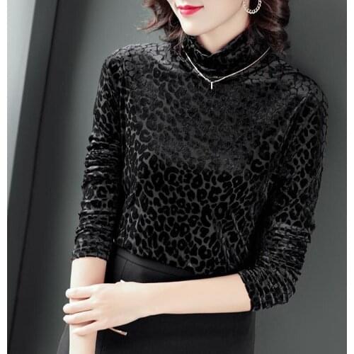 Fall Winter Womens Leopard Pattern Long Sleeve Black Velour T Shirt Tops , Spring Woman Female Turtleneck Velvet Top Shirts