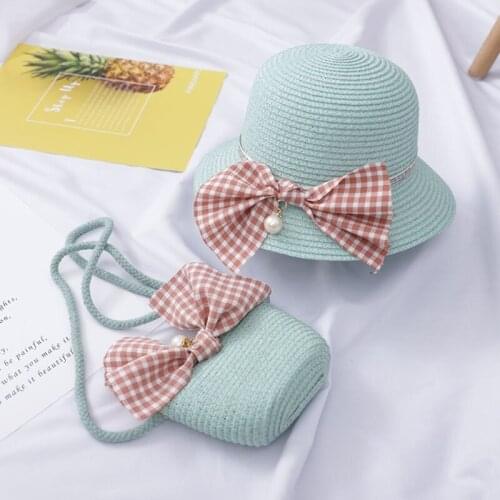 Bow Princess Hat Summer Girls Straw Sun Hat +Handbag 2pcs Sets For Kids Child Beach Hats UV Protection Cap