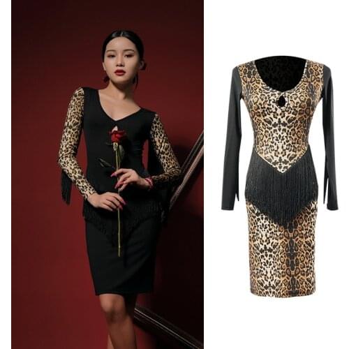 2020 Latin Dance Dresses For Women Adult Long Sleeve Fringe Practice Skirt Ballroom Rumba Tango Competition Clothing VO1447