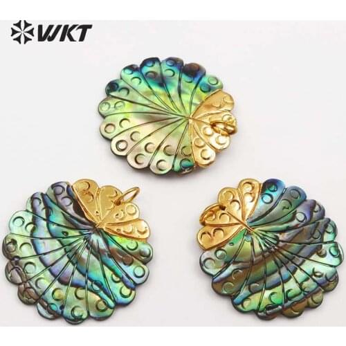 WT-JP045 WKT Beautiful new style women jewelry natural abalone shell pendant gear round shape green leaf shell pendant