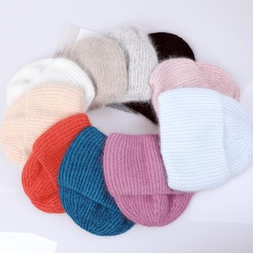 Autumn Winter Rabbit Hair Winter Hat Warm Beanies Hats Casual Women Solid Adult Cashmere Knitted Beanie Hat with Bright Wire