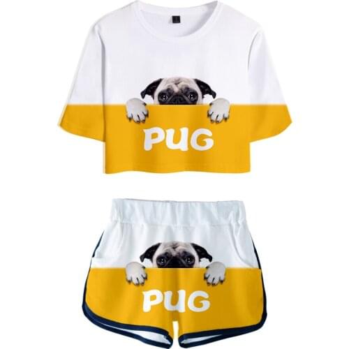 Summer 3D Pug Exposed Navel T-shirt+Shorts Womens Two-piece Sets Fashion Animal Dog Casual Girls Yellow+White Two-piece Sets