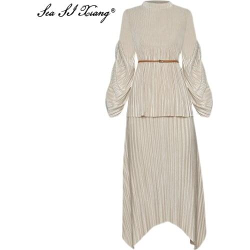 Seasixiang Fashion Designer Spring Set Women Lace-up Stand Collar Lantern Sleeve Tops + Asymmetrical skirt Pleated Two Piece Set