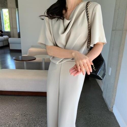 Korean Pants Sets Summer Two Piece Set Women Short Sleeve Blouses and High Waist Long Pants Office Lady Ensemble Femme 2 Pieces