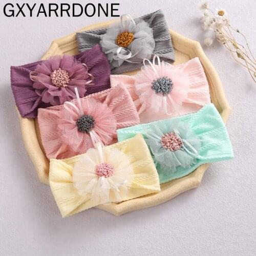 2021 Cable Knit Nylon Girls Headband Ribbed Turban Headband Chiffon Flower Baby Headband Girls Head Wraps Head Wear Photo Props