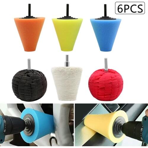 6Pcs/Set Car Tyres Foam Polishing Sponge Car Rim Wheel White Cloth Buffing Pads Polishing Wheel Detail Cone-Shaped Tire Cleaning