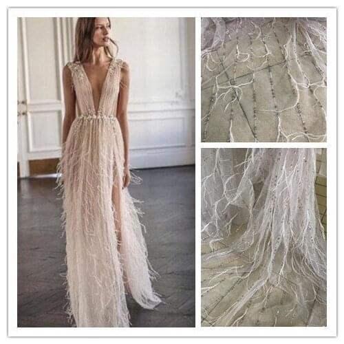 African net lace SYJ-56685 with sequins and beads Graceful French tulle embroidery lace fabric with feather