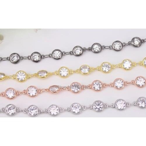 3Meter Cubic Zirconia 6mm Round Beaded Chain With Mix color Brass Chain For Jewelry Making