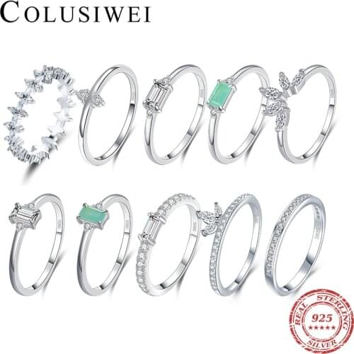 Colusiwei 925 Sterling Silver Emerald Cut Clear CZ Crown Flower Paraiba Tourmaline Stackable Finger Rings for Women Fine Jewelry