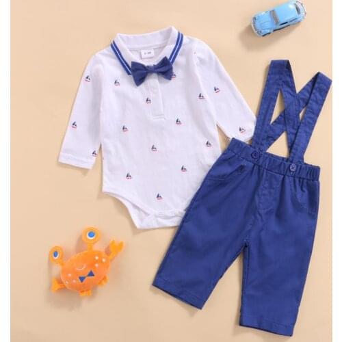 Baby Boy’s Gentleman Formal Suit Cartoon Sailboat Print Jumpsuit Solid Color Suspender Pants Babys Sets