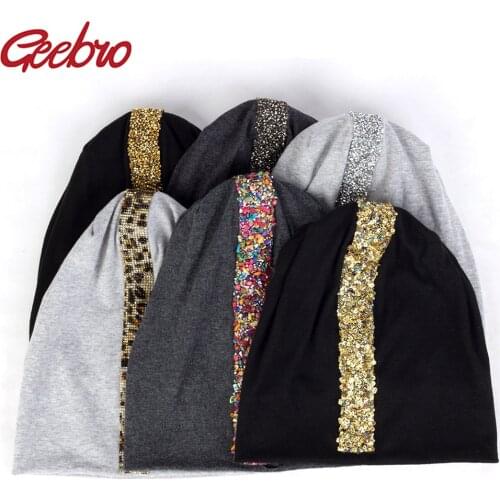 Geebro New Arrival Colorful Rhinestones Ribbon Beanies Hat For Women Ladies Casual Autumn Cotton Slouch Skullies Hats And caps
