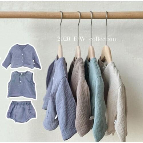 2020 New Baby Girls Boys 3 Pcs Set Coat+Vest+Shorts Autumnr Cotton Linen Fashion Babys Suits 6-24 month QH950