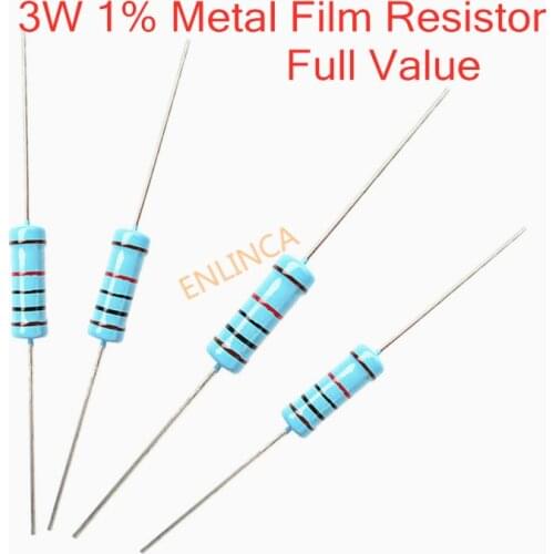 10pcs Full Value 3W Metal film resistor 1% 1R ~ 1M 1R 4.7R 10R 22R 33R 47R 1K 4.7K 10K 100K 1 4.7 10 22 33 47 4K7 ohm