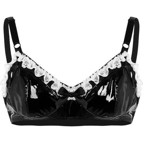 Mens Erotic Lingerie Bra Spaghetti Straps Fashion Lace Hot Sexy Bra Top with Bowknot Wetlook Faux Leather Wire Free Sexy Bra Top