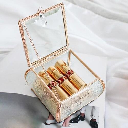 Retro Glass Gold Jewellery Box Princess European Jewelry Jewelry Storage Box Desktop Flip Dustproof Finishing Box
