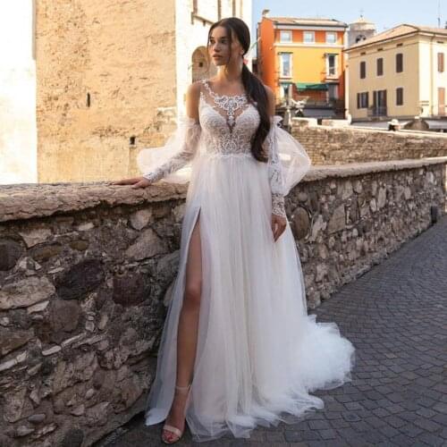 Robes de Mariage Sexy Wedding Dress 2021 Detachable Long Sleeve Lace Bridal Dresses Split Side Pearls Bohemian Wedding Gowns