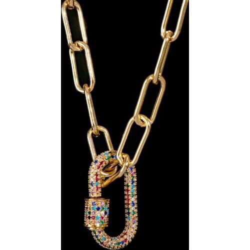 Luxury Punk Chunky Link Chain Necklace for Women Charm CZ Zircon Gold Lock Spiral Carabiner Pendant Statement Necklace