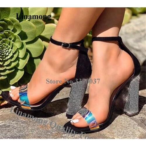 Linamong Bling Bling PVC Strap Rhinestone Chunky Heel Sandals Black One Strap Crystal Thick High Heel Sandals Wedding Heels