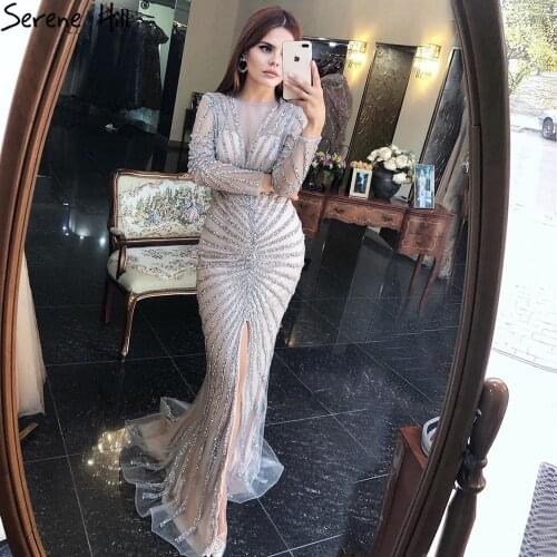 Serene Hill Luxury Grey Nude Split Long Mermaid Evening Dresses Gowns 2021 Elegant Beading Sexy For Women Party BLA70183