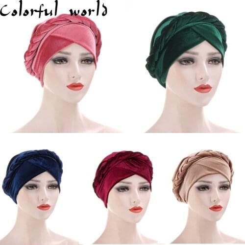 2020 Muslim Forehead Cross Braid Turban Bonnet Velvet Turbanet Ladies Chemo Beanie Cap African Head Wraps Islamic Hijab Toque