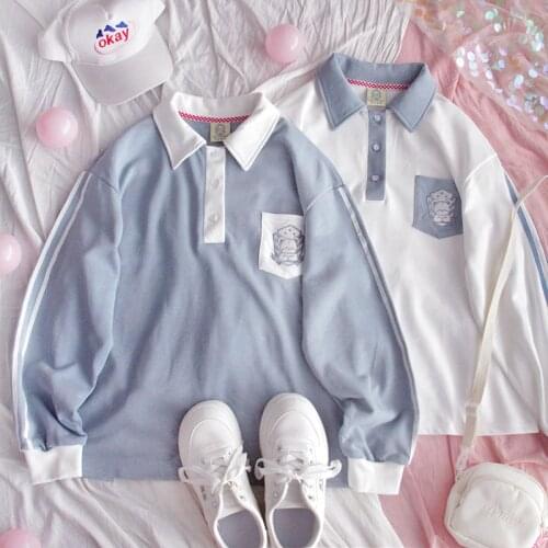Spring Autumn Hoodies Women Korean JK Harajuku Preppy Cute Soft Sister Pure Cotton Lapel Long Sleeve Pullover Girls Sweatshirt