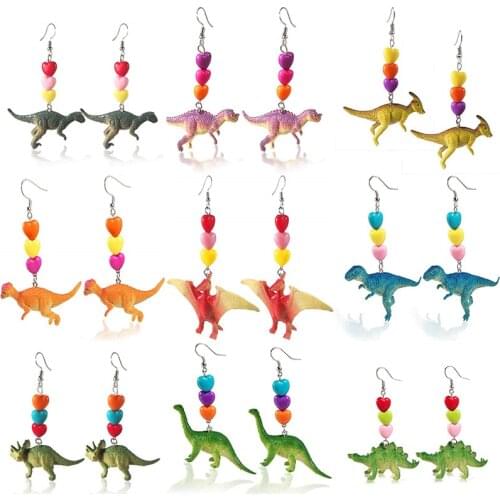 Creative Kawaii 3D Dinosaur Drop Earrings for Women Handmade Color Hearts Pendant Earring Cute Kid Funny Jewelry Girl Party Gift