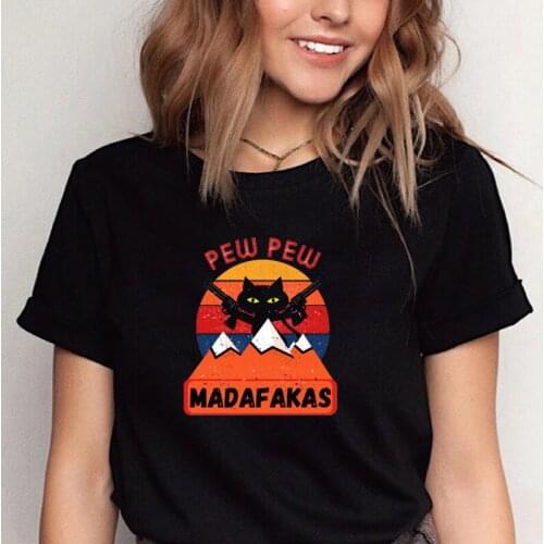 Funny Cat Gangster with Gun Meme Retro Humor Tops Pew Pew Madafakas Style Sloth Printed T-Shirt Casual Cotton Black White Tee