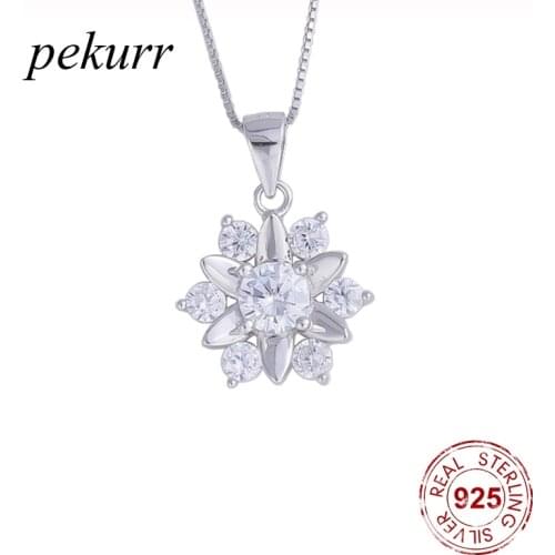 Pekurr 925 Sterling Silver Paved Zircon Gem Sunflower Female Pendants Snowflake Necklaces For Women Long Chain Collar Jewelry