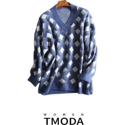 TMODA 2021 Za Geometric Pattern Print Sweater Blue White Diomand V-Neck Pullovers Casual Ladies Top Feminine Streetwear