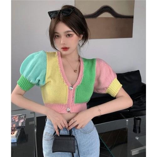 Korean fashion vintage Patchwork Cardigan for women Sweater Harajuku Female Sexy V-neck Crop Top jumper Ladies Casual Chic Tops