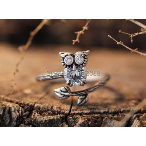 Owl Crystal Ring Womens Girls Retro Silver Burnished Animal Ring Adjustable Free Size Ring Black Crystal gift idea