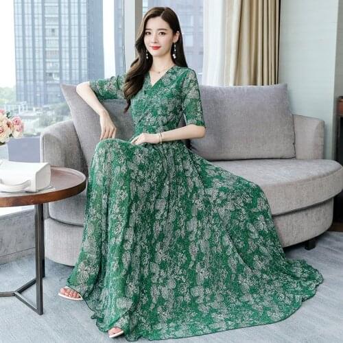 2021 High Quality Chiffon Boho V-neck Floral Print Maxi Dress Summer Vintage Midi Sundress Women Elegant Bodycon Party Vestidos