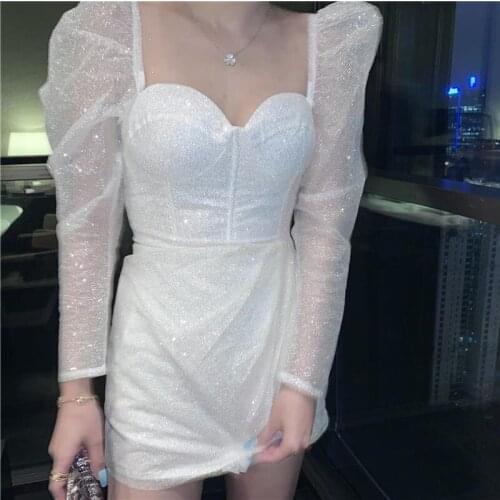 Dress For Women Party 2021 Spring Summer New Fashion Celebrity Bling Shine Puff Sleeve Sexy Short Dresses Clubwear vestido