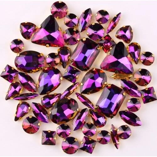 Gold claw settings 50pcs/bag shapes mix Amethyst rainbow glass crystal sew on rhinestone garments shoes bags diy trim