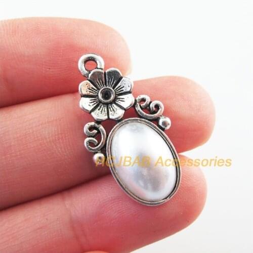 New 10Pcs Tibetan Silver Tone Retro Rose Oval White Acrylic Charms Pendants 15x28.5mm