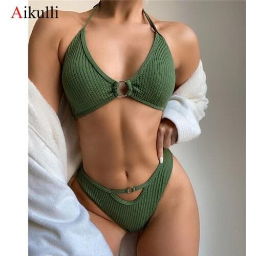 2021 New Bikini Sexy Hollow Swimwear Army Green Spiral Pit Strip Circle Bikini Set Push Up Bathing Suits Summer Female Beachwear