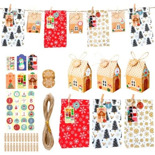 24sets Christmas Gift Bag House Shape Kraft Paper Box Snowflake Xmas Tree New Year Party Favor Bag Advent Calendar Candy Box