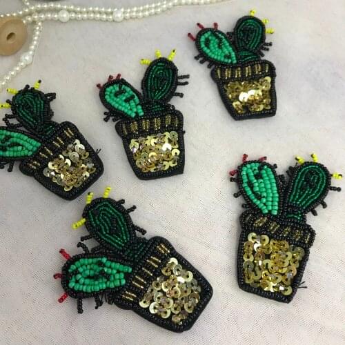 3 Pieces Cactus Handmade Rhinestones Beaded Patches Sequins Green Yellow Patches Sew On Clothes Bag Appliques Badge Decoration