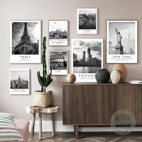 Black White World City Landscape Canvas Painting Paris Rome Sydney New York Poster Nordic Style Wall Art Picture Home Decor