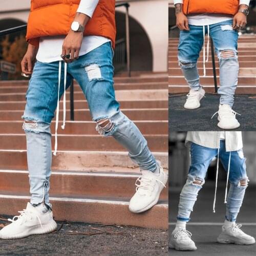 New Designer Slim Fit Ripped Jeans Men High Street Mens Distressed Denim Joggers Knee Holes Zipper Washed Destroyed Pencil Jeans