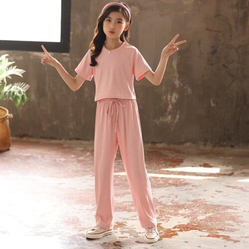 Pink Blue Purple Beige Big Girls Summer Set 2021 Tops + Pants Kids Suit Children Clothes Casual Teenage Girl Two Pieces Sets